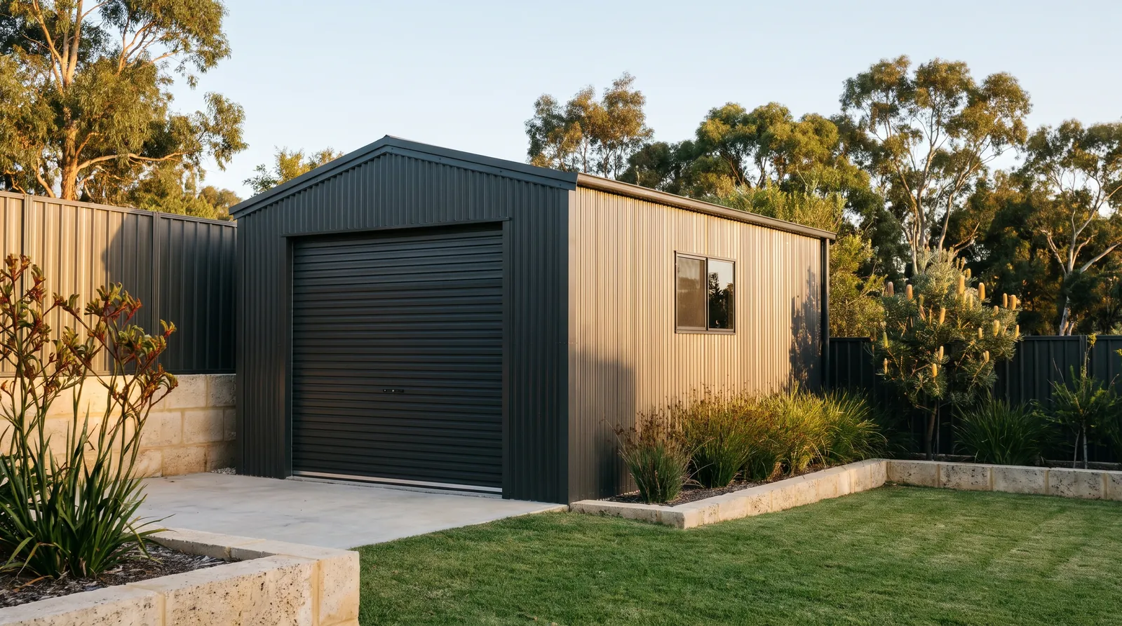 A new charcoal steel shed with a roller door in a Perth backyard